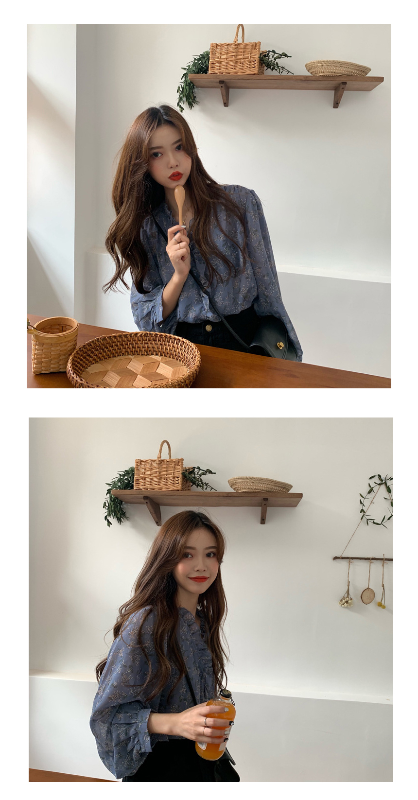 DOO51037204 하늘하늘 브이넥 프릴  여성 플라워 하늘 하늘 쉬폰 블라우스 55~88 봄 여름 가을
