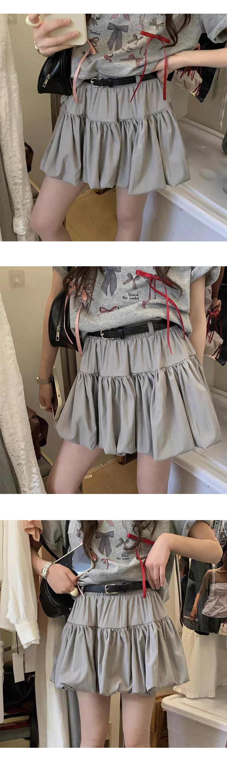 ONN/[SK240] 귀여운 허리 밴딩 벌룬 벨트 세트 미니 스커트  아이보리 그레이 블랙  free 55~77