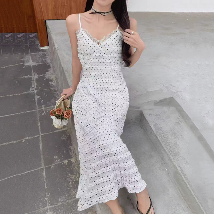 ONN/[OPS1461]여름 민소매 도트 레이스 나시 롱 원피스 프릴 캉캉 스커트 아이보리 블랙 Free