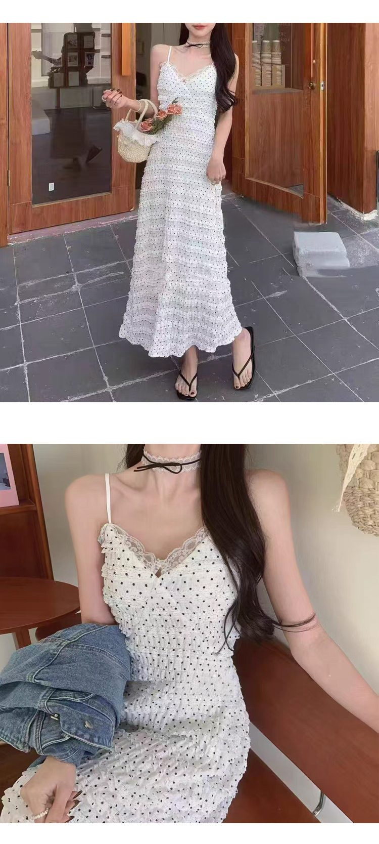 ONN/[OPS1461]여름 민소매 도트 레이스 나시 롱 원피스 프릴 캉캉 스커트 아이보리 블랙 Free