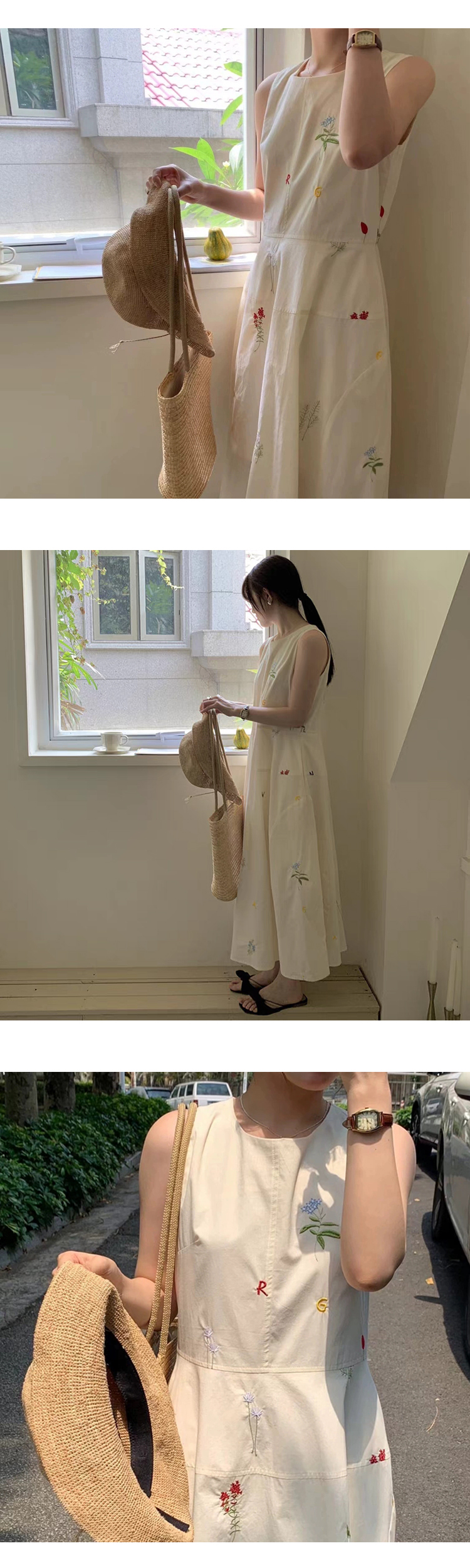 ONN/ [OPS1414]민소매 고급 플라워 자수 나시 롱 원피스 여성스러운 휴양지 여행룩 아이보리 FREE