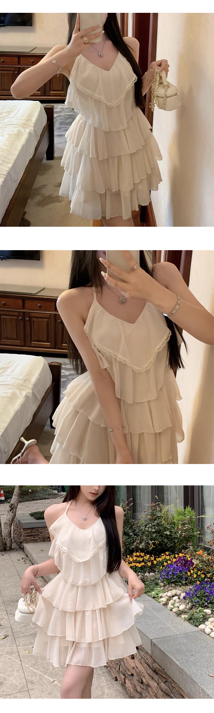 [ONN]OPS1466 여름 쉬폰 캉캉 홀터넥 미니 원피스 끈 나시 브이라인 주름 원피스 아이보리 소라 바캉스룩