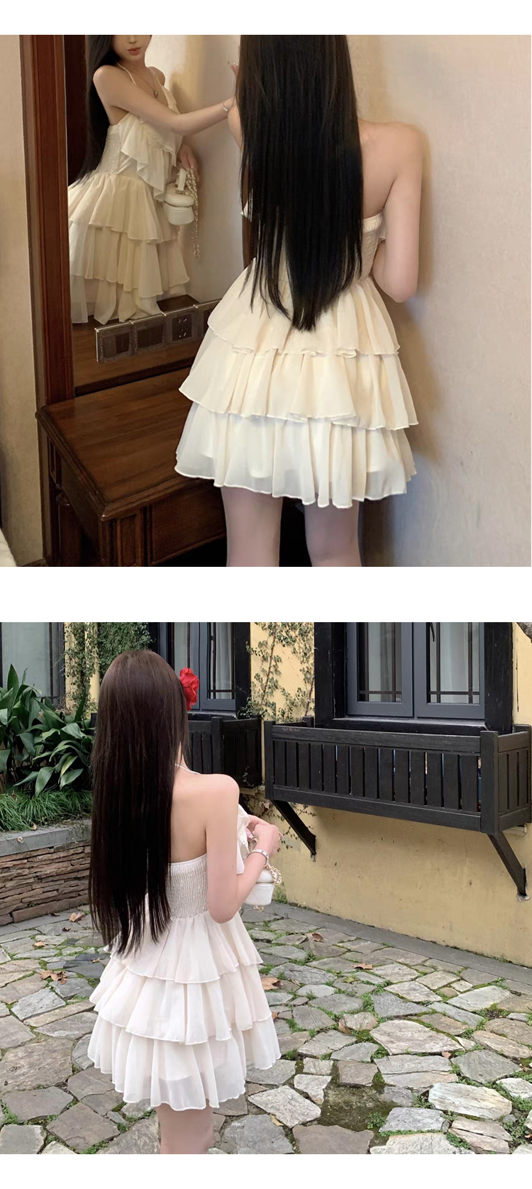 [ONN]OPS1466 여름 쉬폰 캉캉 홀터넥 미니 원피스 끈 나시 브이라인 주름 원피스 아이보리 소라 바캉스룩