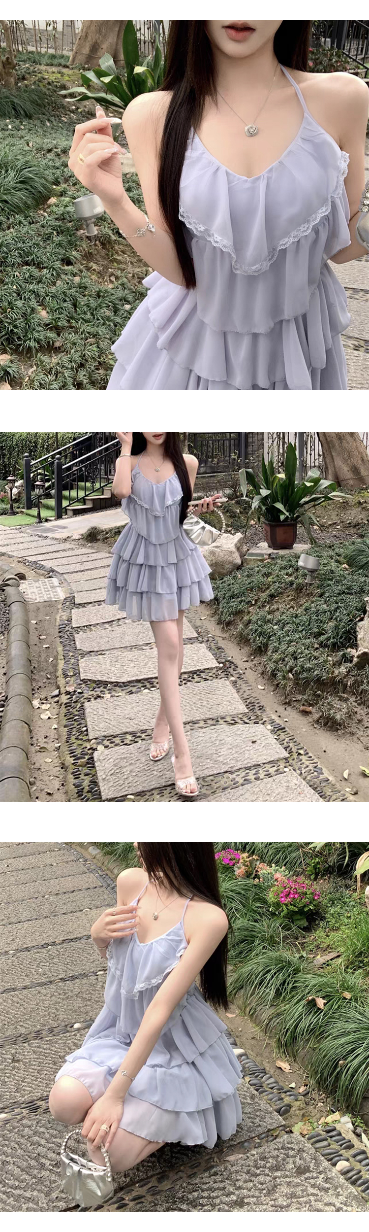[ONN]OPS1466 여름 쉬폰 캉캉 홀터넥 미니 원피스 끈 나시 브이라인 주름 원피스 아이보리 소라 바캉스룩