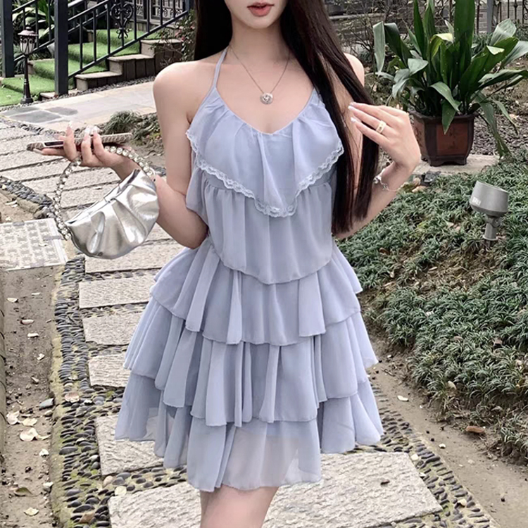 [ONN]OPS1466 여름 쉬폰 캉캉 홀터넥 미니 원피스 끈 나시 브이라인 주름 원피스 아이보리 소라 바캉스룩