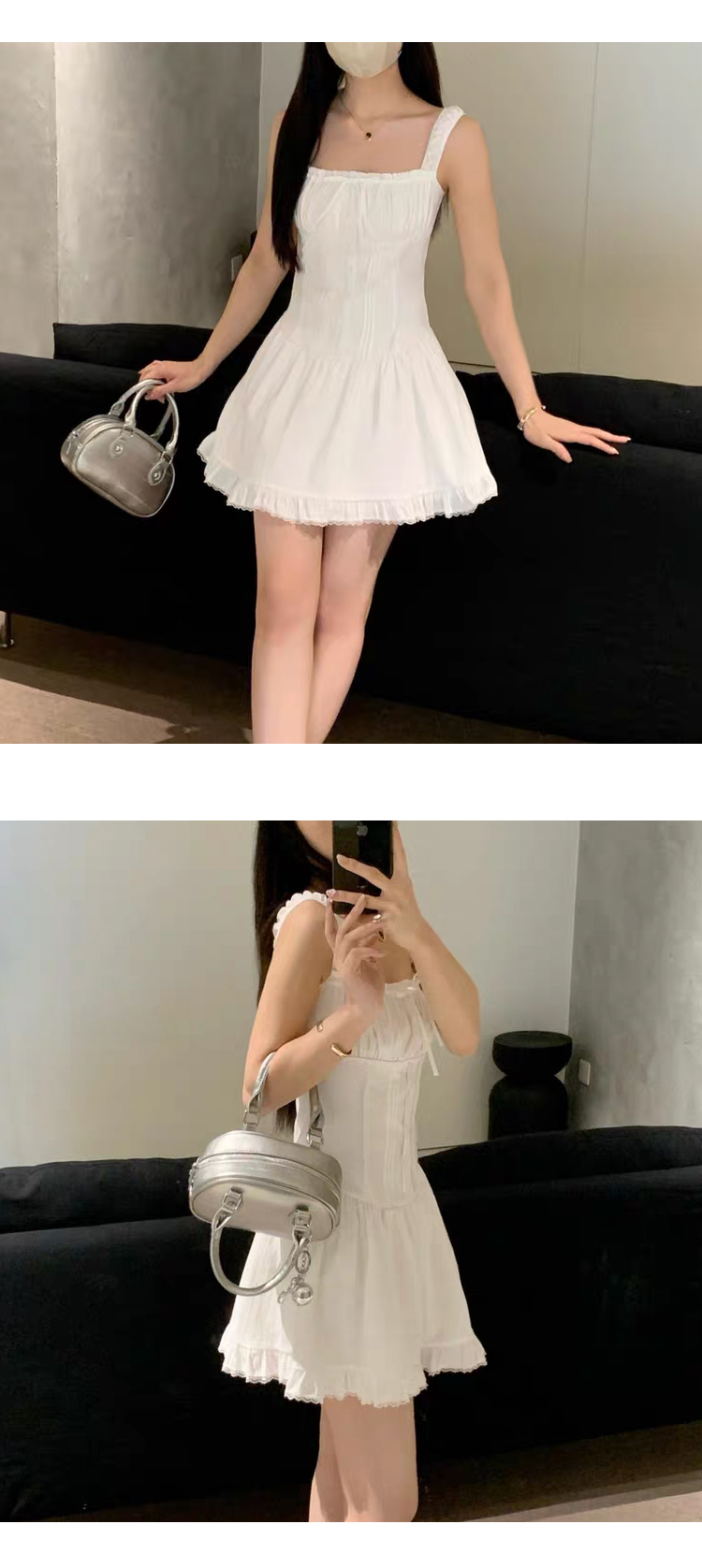 ONN [OPS1464]스퀘어넥 여름 레이스 나시 스모크 미니 원피스 바캉스룩 아이보리 블랙