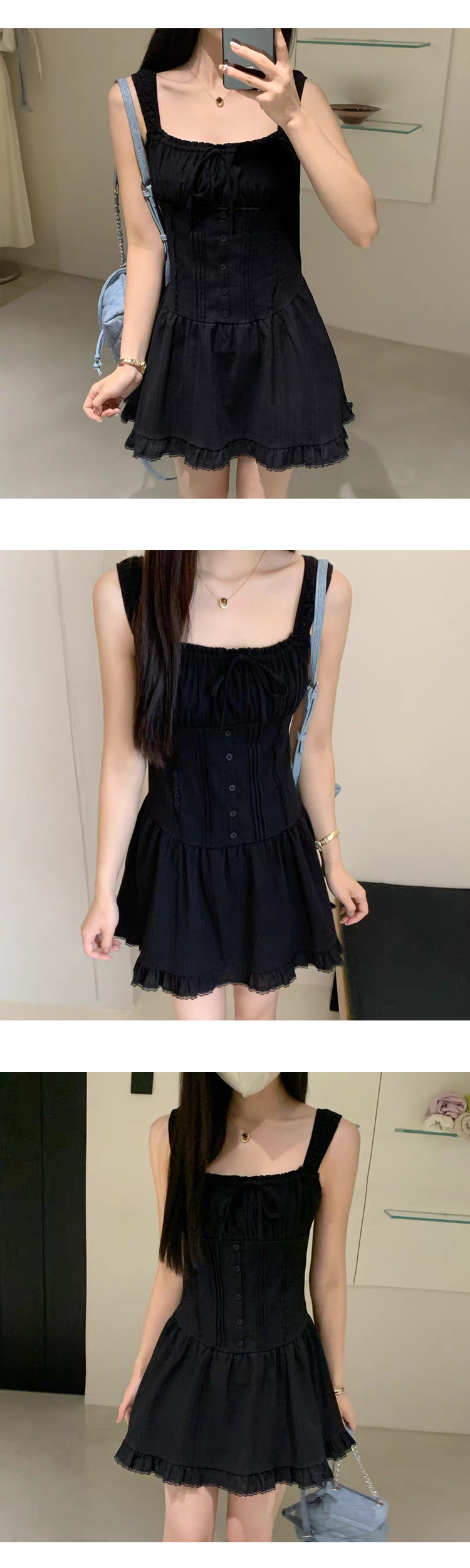 ONN [OPS1464]스퀘어넥 여름 레이스 나시 스모크 미니 원피스 바캉스룩 아이보리 블랙