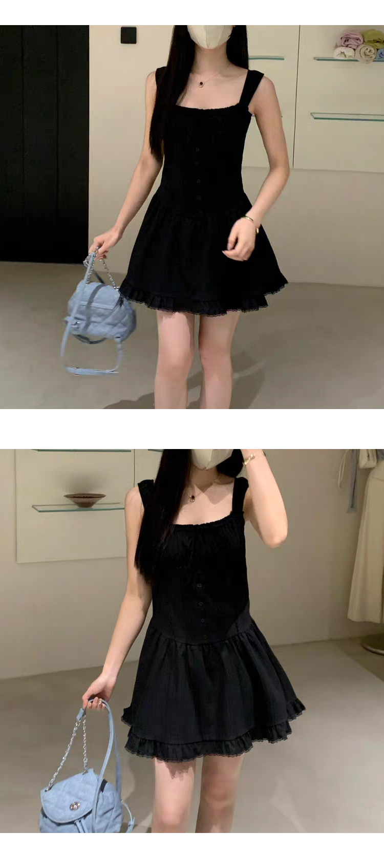 ONN [OPS1464]스퀘어넥 여름 레이스 나시 스모크 미니 원피스 바캉스룩 아이보리 블랙