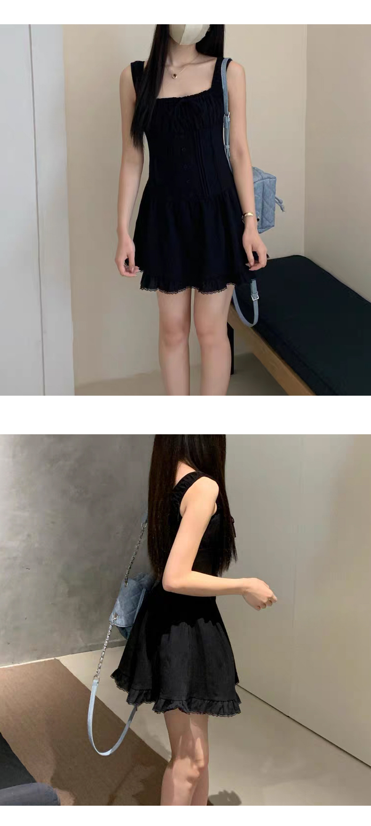 ONN [OPS1464]스퀘어넥 여름 레이스 나시 스모크 미니 원피스 바캉스룩 아이보리 블랙