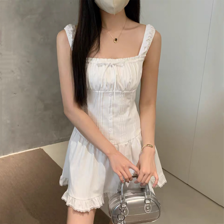 ONN [OPS1464]스퀘어넥 여름 레이스 나시 스모크 미니 원피스 바캉스룩 아이보리 블랙