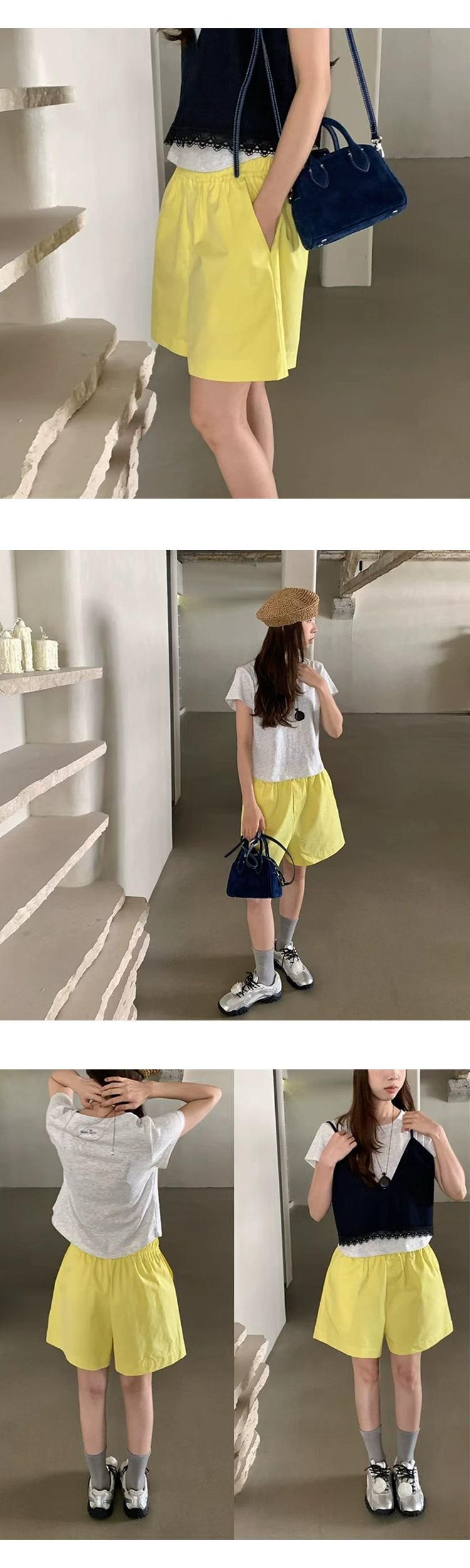 [ONN][PT273]와이드 밴딩 숏팬츠 모임룩 친구 커플 바지 3부 반바지 바캉스룩 아이보리 민트 네이비 옐로우 바이올렛