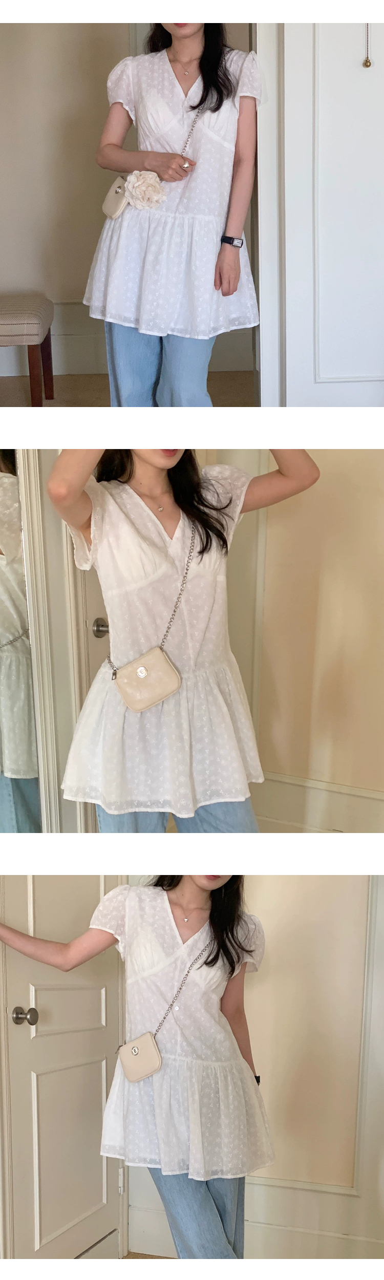 [ONN][OPS1468]힙 덮히는 플라워 펀칭 반팔 미니 원피스 레이어드 퍼프 반팔 플레어 밑단 아이보리색