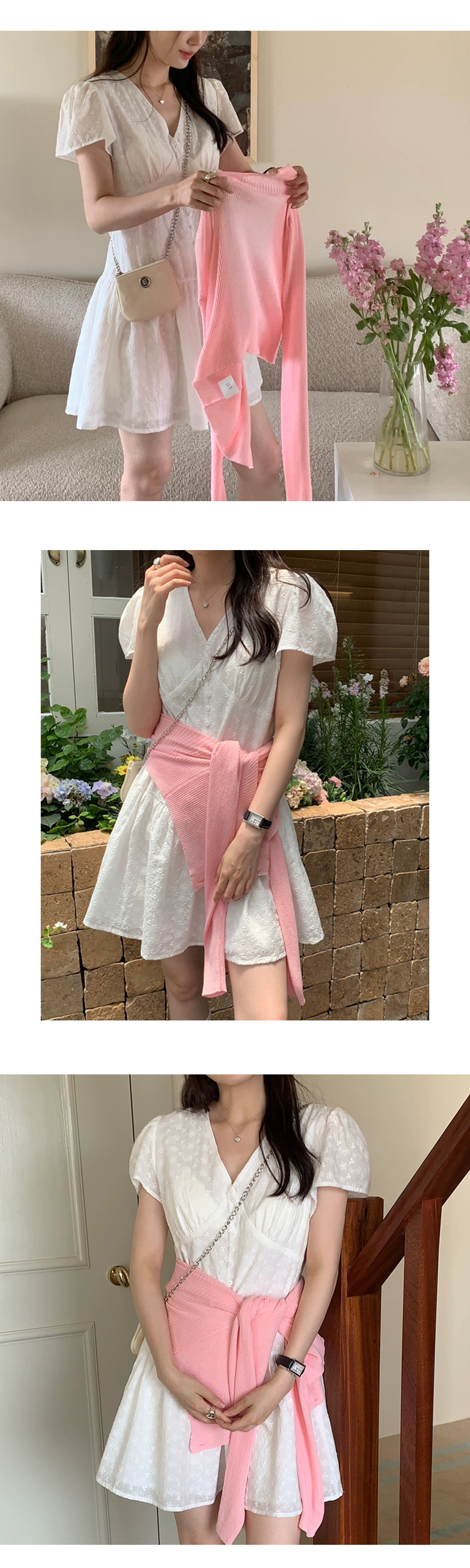 [ONN][OPS1468]힙 덮히는 플라워 펀칭 반팔 미니 원피스 레이어드 퍼프 반팔 플레어 밑단 아이보리색