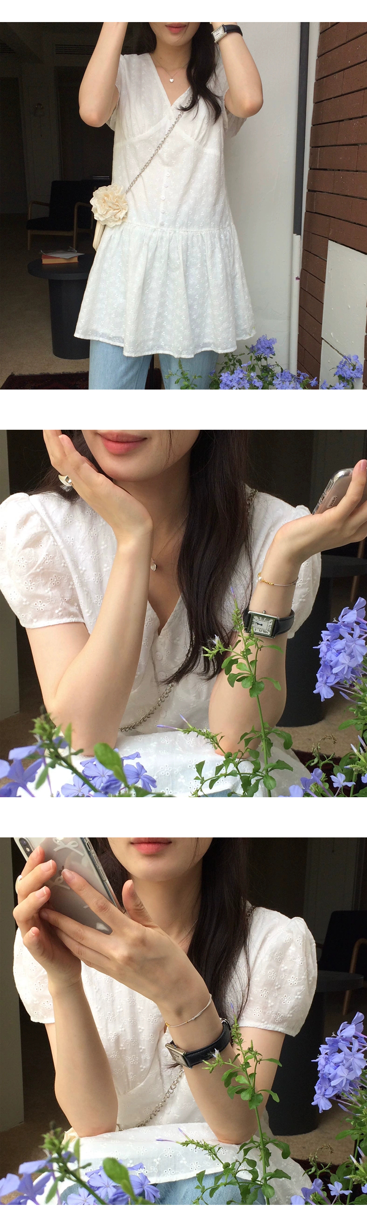 [ONN][OPS1468]힙 덮히는 플라워 펀칭 반팔 미니 원피스 레이어드 퍼프 반팔 플레어 밑단 아이보리색