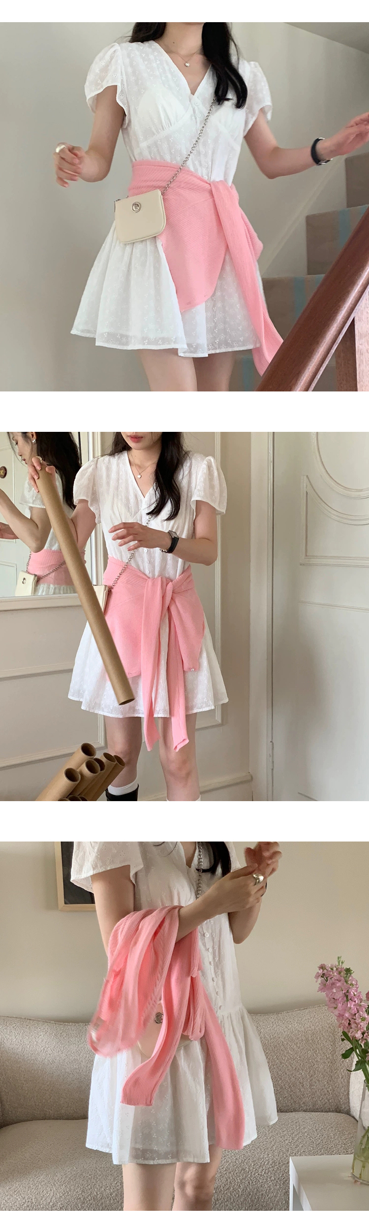[ONN][OPS1468]힙 덮히는 플라워 펀칭 반팔 미니 원피스 레이어드 퍼프 반팔 플레어 밑단 아이보리색