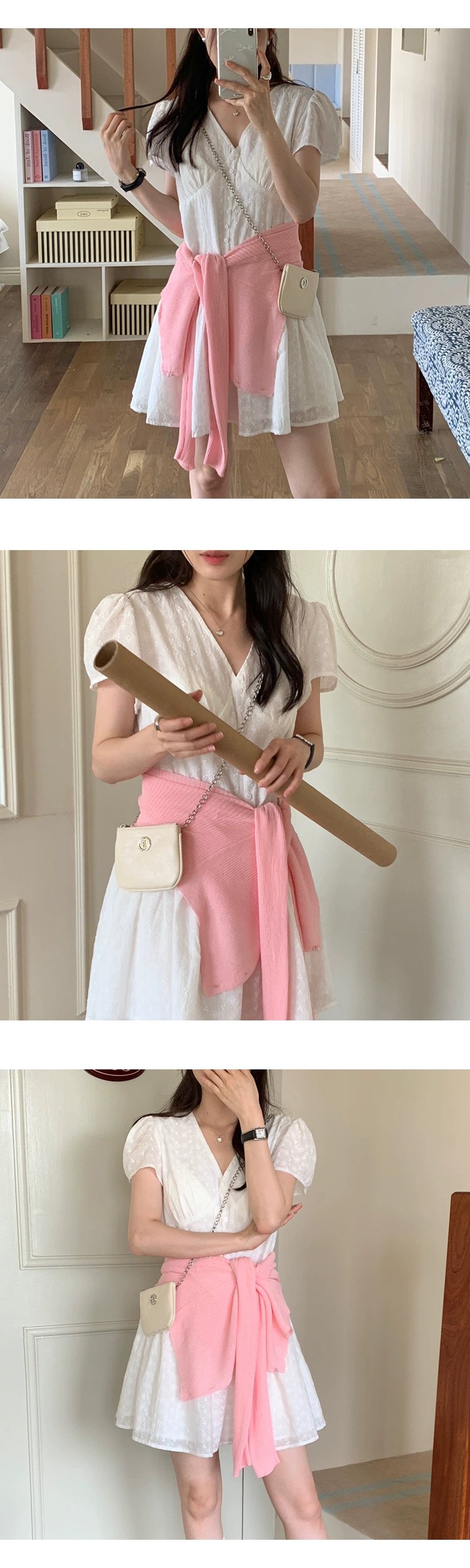 [ONN][OPS1468]힙 덮히는 플라워 펀칭 반팔 미니 원피스 레이어드 퍼프 반팔 플레어 밑단 아이보리색