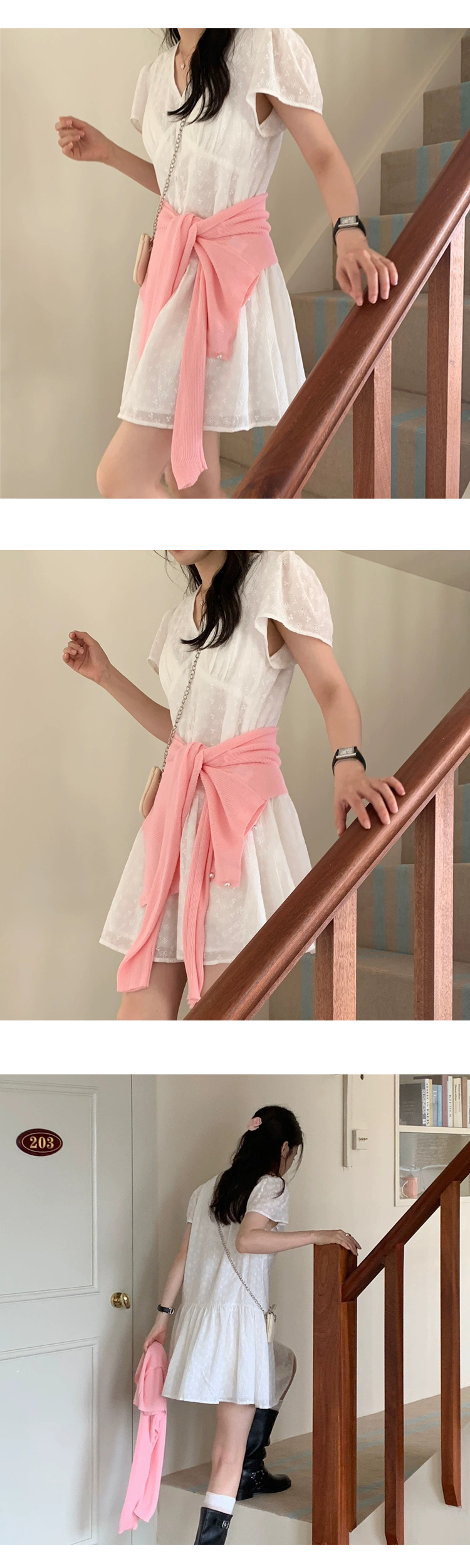 [ONN][OPS1468]힙 덮히는 플라워 펀칭 반팔 미니 원피스 레이어드 퍼프 반팔 플레어 밑단 아이보리색