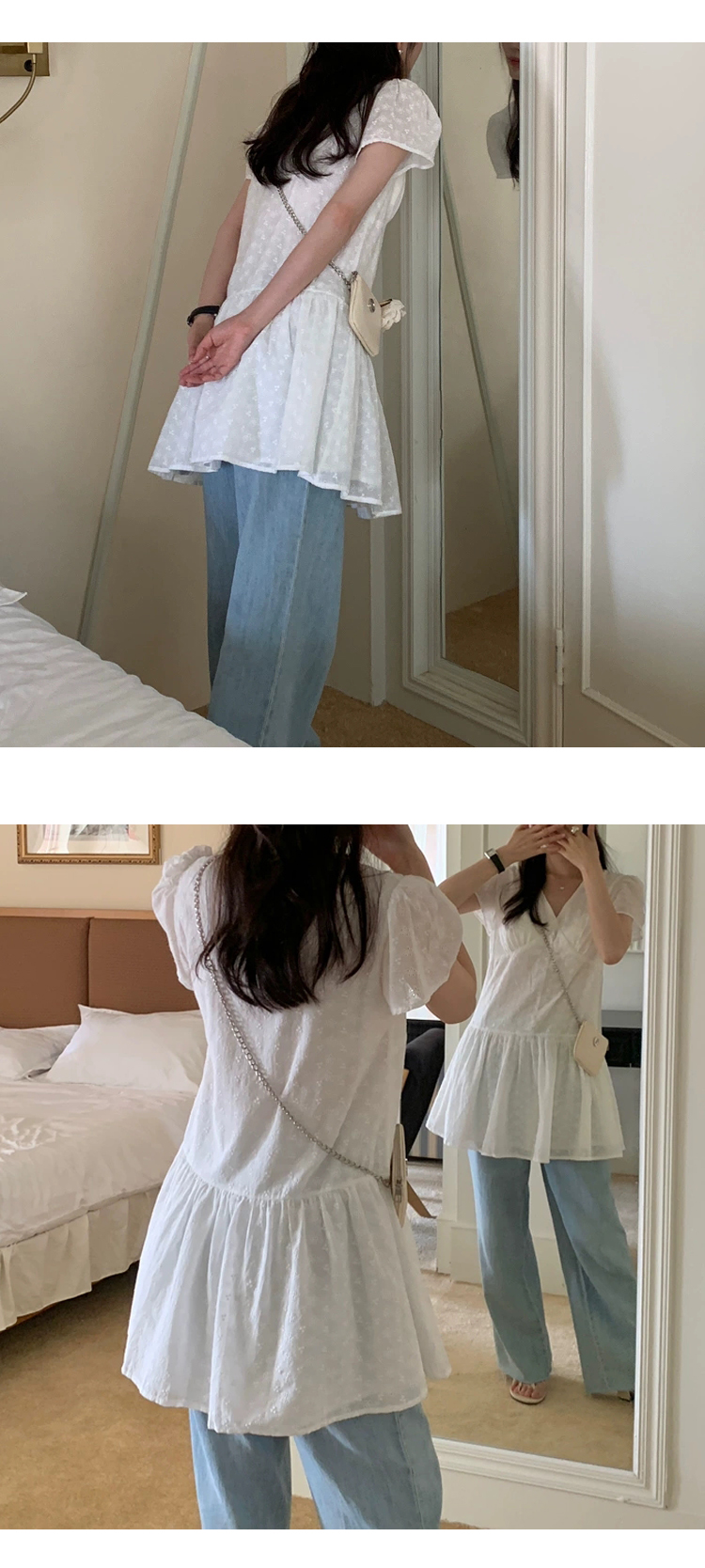 [ONN][OPS1468]힙 덮히는 플라워 펀칭 반팔 미니 원피스 레이어드 퍼프 반팔 플레어 밑단 아이보리색