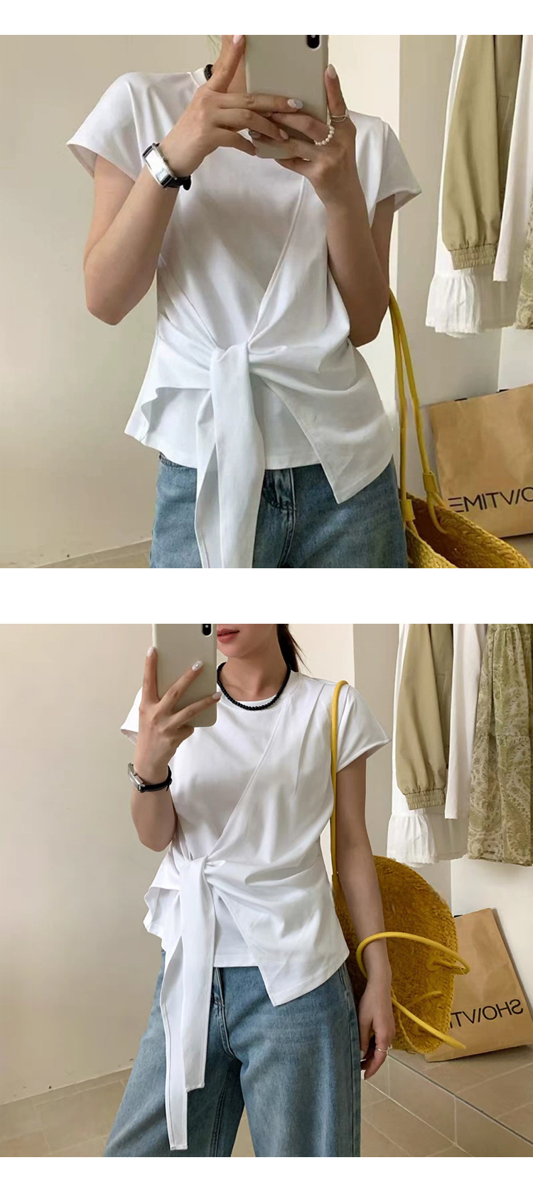 [ONN][T344]랩 스트링 반팔 티셔츠 아이보리 소라 블랙 3색중 택1 핀턱 숄더 사선 랩 허리끈 스트링 언발 셔츠