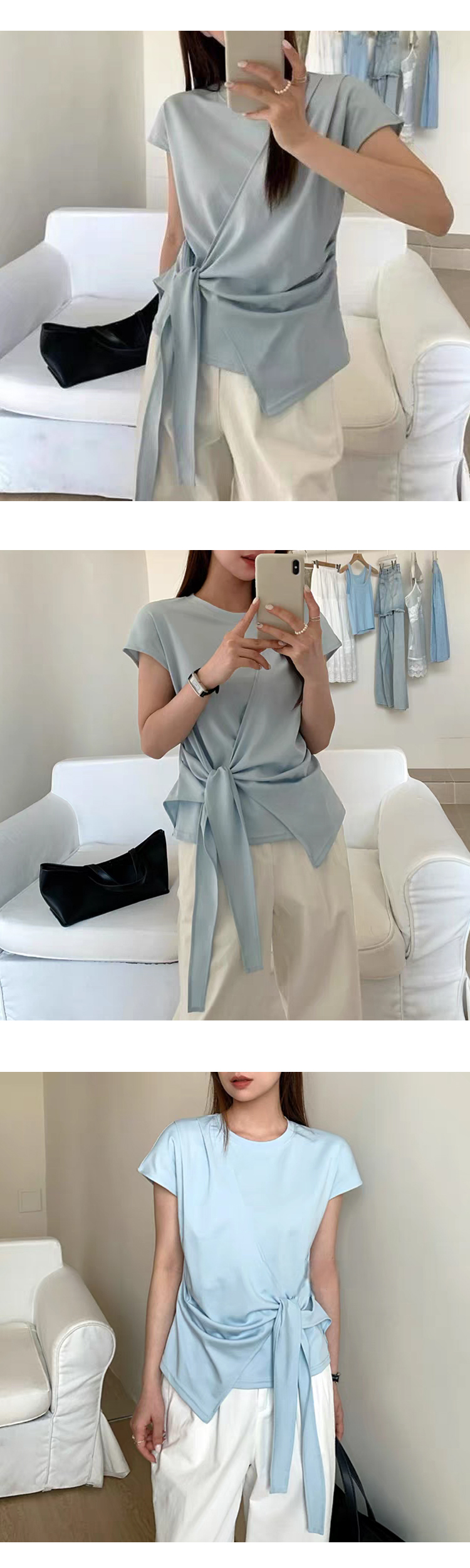 [ONN][T344]랩 스트링 반팔 티셔츠 아이보리 소라 블랙 3색중 택1 핀턱 숄더 사선 랩 허리끈 스트링 언발 셔츠