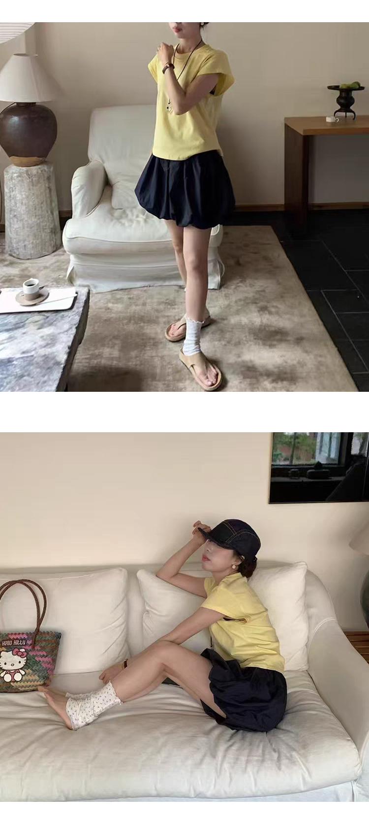 [ONN][T345]여름 라운드넥 무지 캡소매 티셔츠 면100% 귀여운 셔츠 이지룩 색상5종 반바지 미니스커트 코디