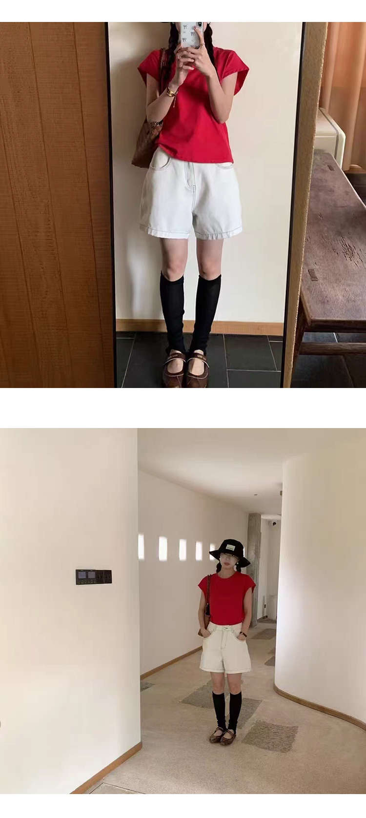 [ONN][T345]여름 라운드넥 무지 캡소매 티셔츠 면100% 귀여운 셔츠 이지룩 색상5종 반바지 미니스커트 코디