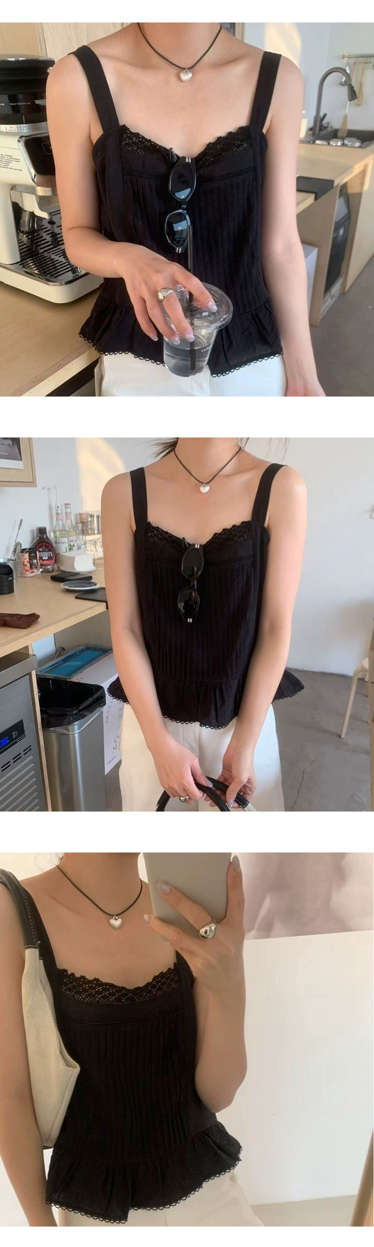 [ONN][BL636] 목선이 예쁜 레이스 스퀘어넥 나시 블라우스 셔링 허리 라인 민소매 셔츠 아이보리 블랙