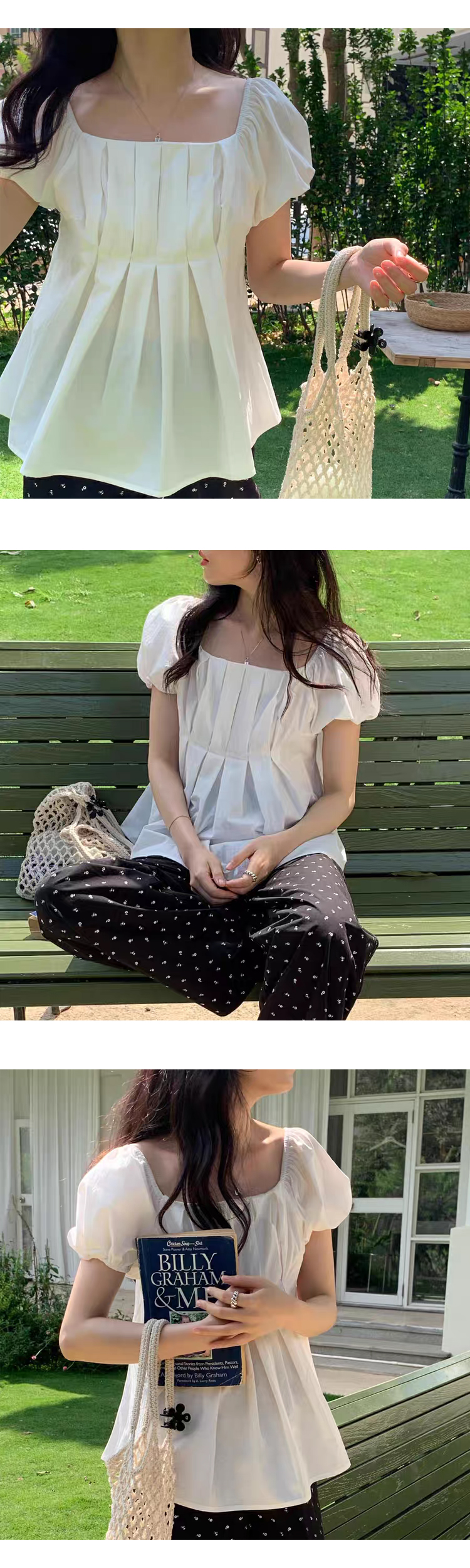 [ONN][BL637]스퀘어넥 귀여운 핀턱 퍼프 반팔 블라우스 플레어 밑단 여성스러운 셔츠 아이보리 소라