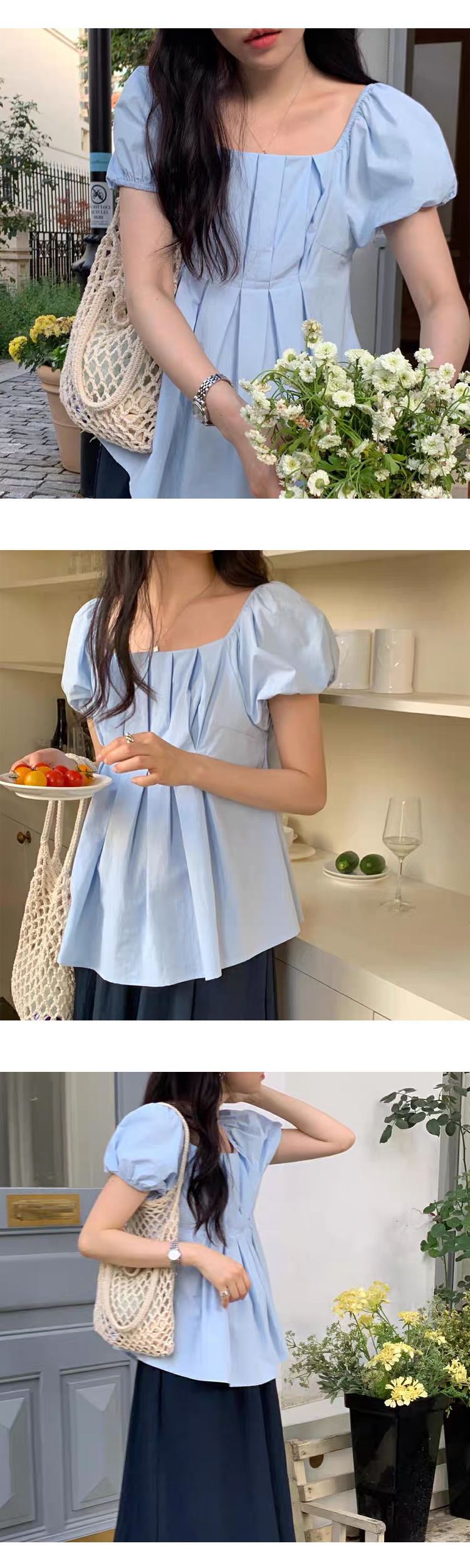[ONN][BL637]스퀘어넥 귀여운 핀턱 퍼프 반팔 블라우스 플레어 밑단 여성스러운 셔츠 아이보리 소라
