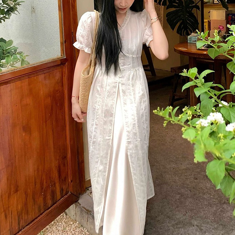 [ONN][OPS1469]은은한 시스루 레이스 퍼프 반팔 롱 원피스 프론트 버튼 오픈클로징 원피스 아이보리 베이지