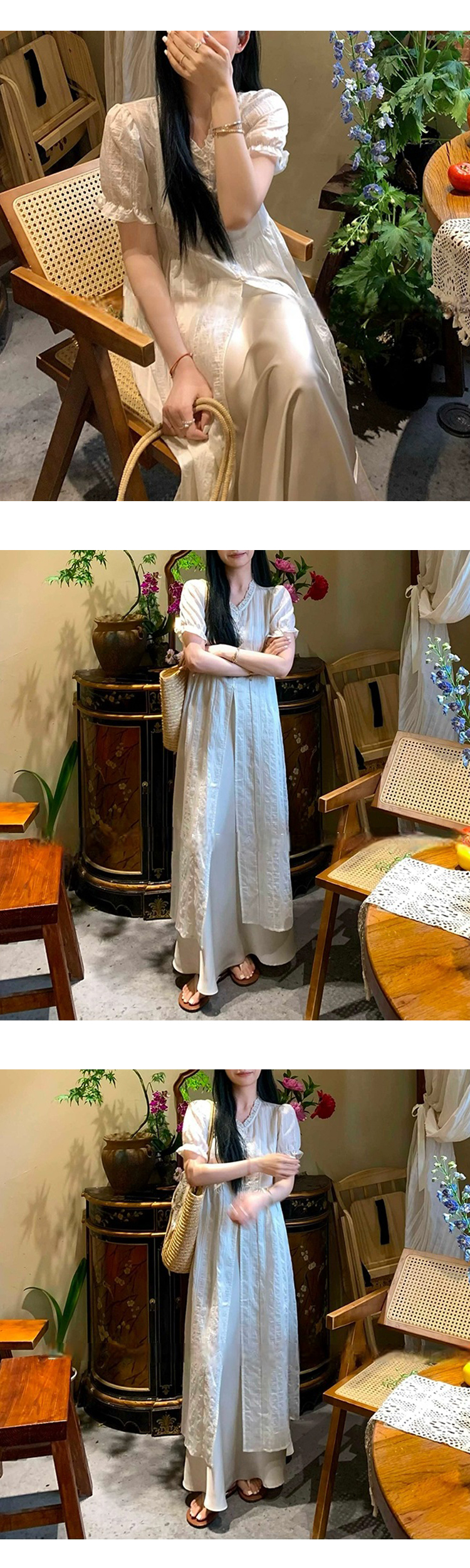 [ONN][OPS1469]은은한 시스루 레이스 퍼프 반팔 롱 원피스 프론트 버튼 오픈클로징 원피스 아이보리 베이지