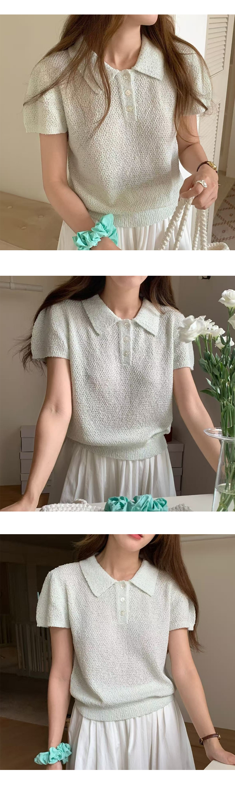 [ONN][NT658] 여성 고급스러운 카라넥 퍼프 반팔 니트 시보리 밑단 허리 라인 아이보리 핑크 민트 3종 택1