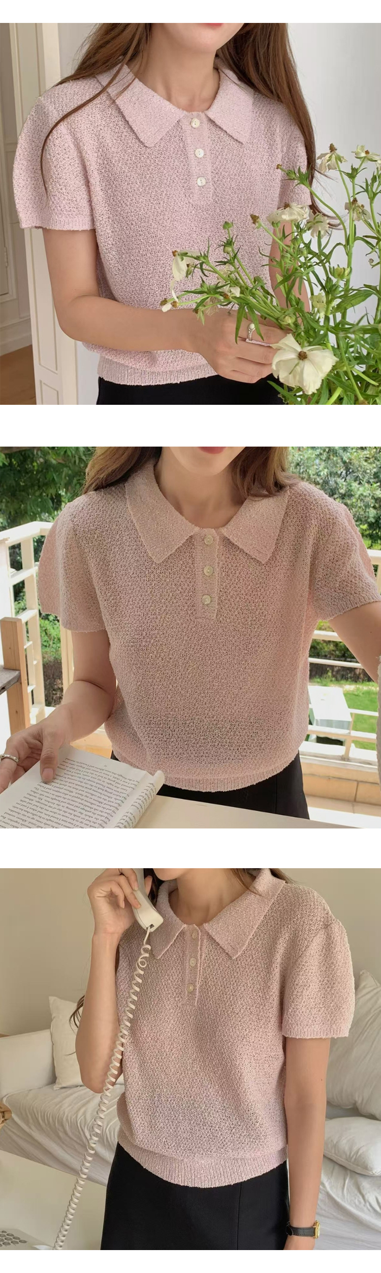 [ONN][NT658] 여성 고급스러운 카라넥 퍼프 반팔 니트 시보리 밑단 허리 라인 아이보리 핑크 민트 3종 택1