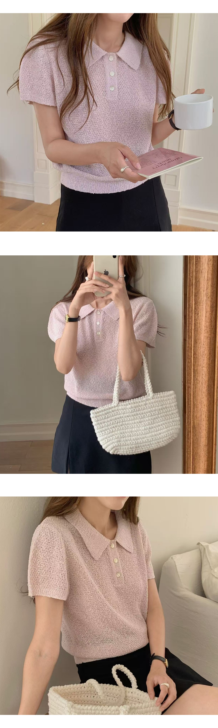 [ONN][NT658] 여성 고급스러운 카라넥 퍼프 반팔 니트 시보리 밑단 허리 라인 아이보리 핑크 민트 3종 택1