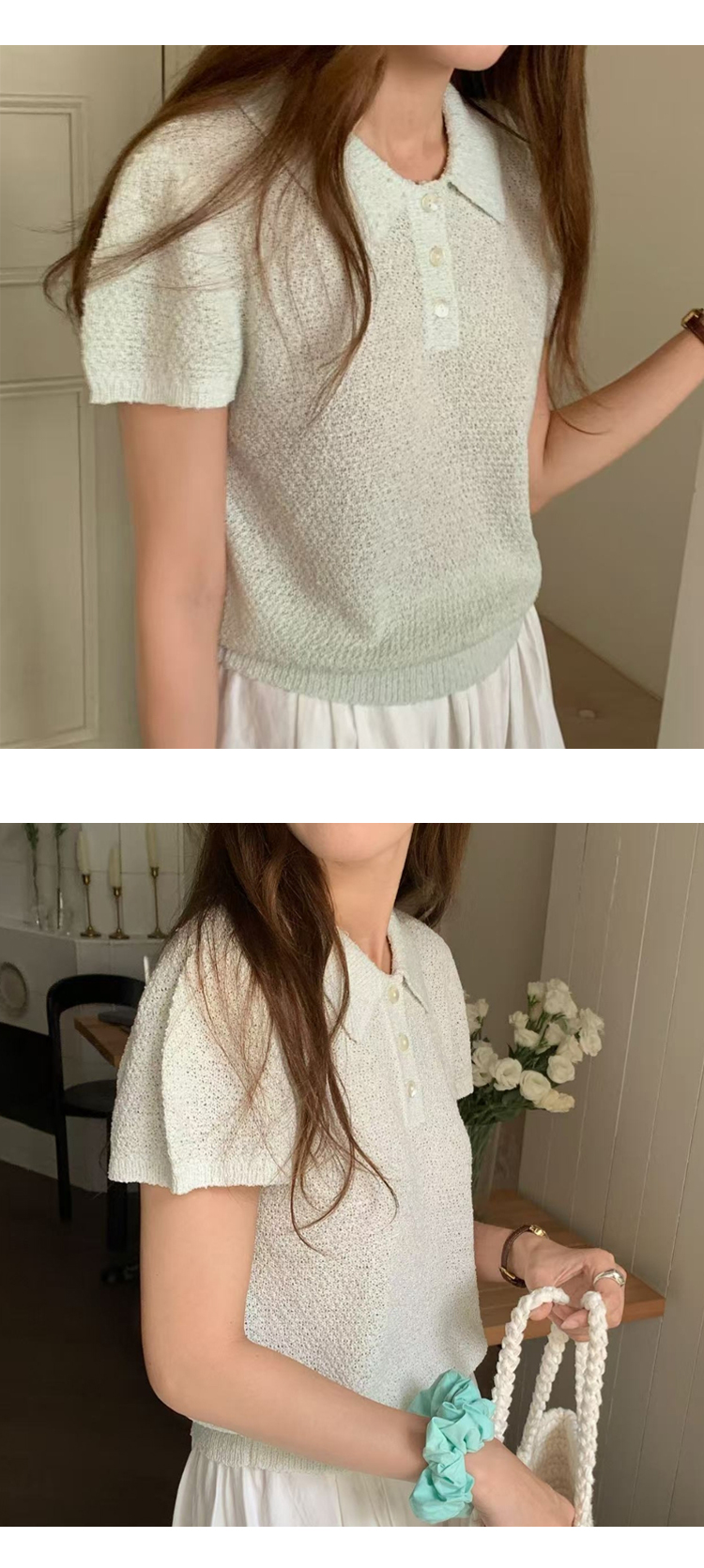 [ONN][NT658] 여성 고급스러운 카라넥 퍼프 반팔 니트 시보리 밑단 허리 라인 아이보리 핑크 민트 3종 택1