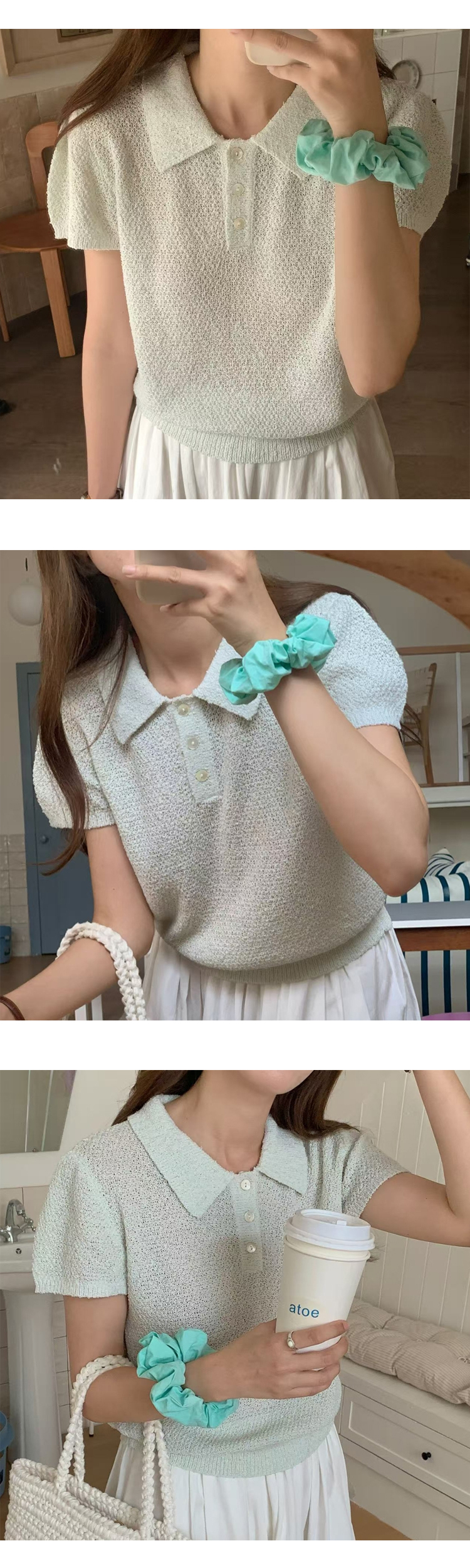 [ONN][NT658] 여성 고급스러운 카라넥 퍼프 반팔 니트 시보리 밑단 허리 라인 아이보리 핑크 민트 3종 택1