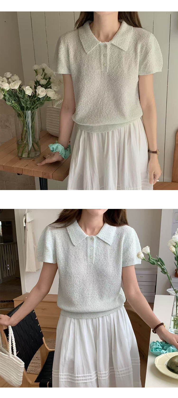 [ONN][NT658] 여성 고급스러운 카라넥 퍼프 반팔 니트 시보리 밑단 허리 라인 아이보리 핑크 민트 3종 택1