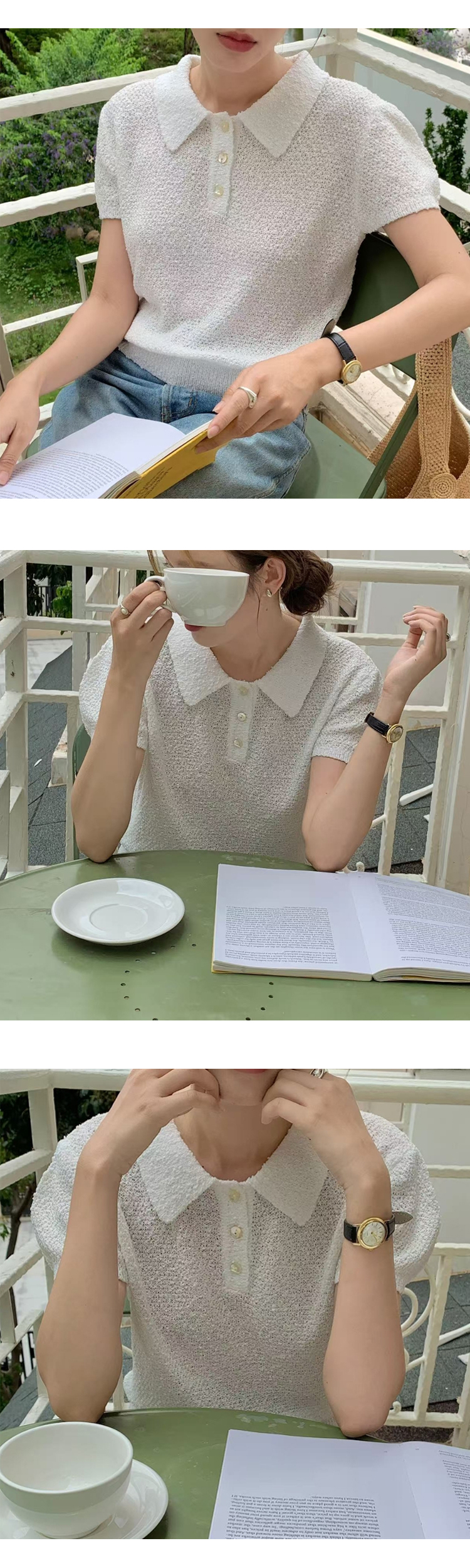 [ONN][NT658] 여성 고급스러운 카라넥 퍼프 반팔 니트 시보리 밑단 허리 라인 아이보리 핑크 민트 3종 택1