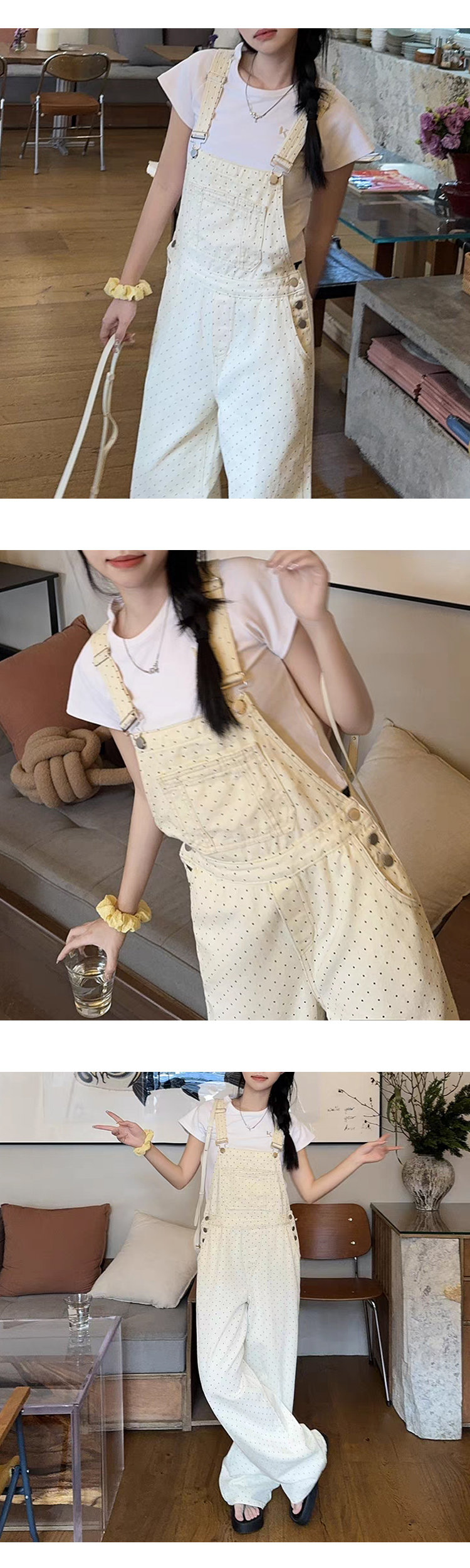 무료_ONN[PT276]도트 멜빵 팬츠 귀여운 와이드 핏 체형커버 캐주얼룩 데이트룩 휴양지룩 