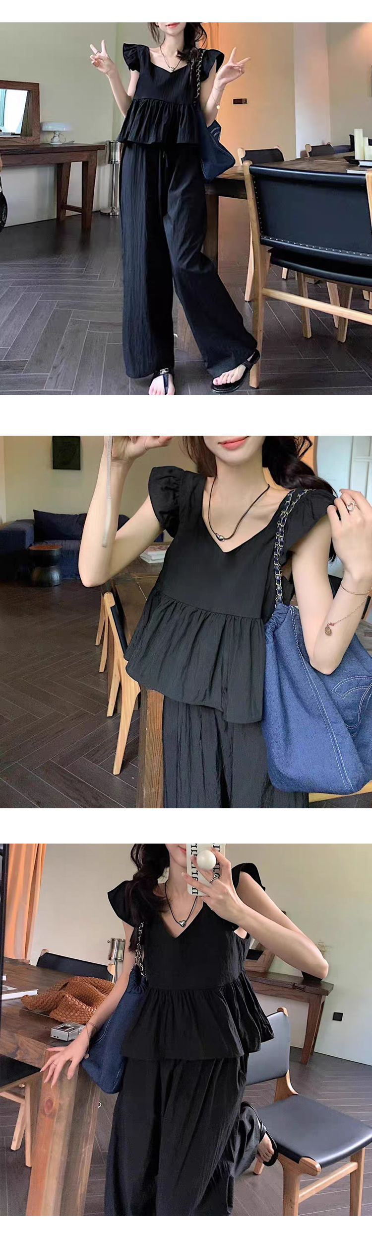 무료_ONN SET338]민소매 블라우스 와이드 팬츠 투피스 브이넥 나시 셔츠 편한 바지 시원한 소재 세트 제품