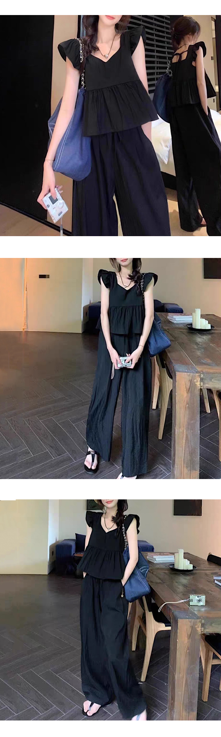 무료_ONN SET338]민소매 블라우스 와이드 팬츠 투피스 브이넥 나시 셔츠 편한 바지 시원한 소재 세트 제품