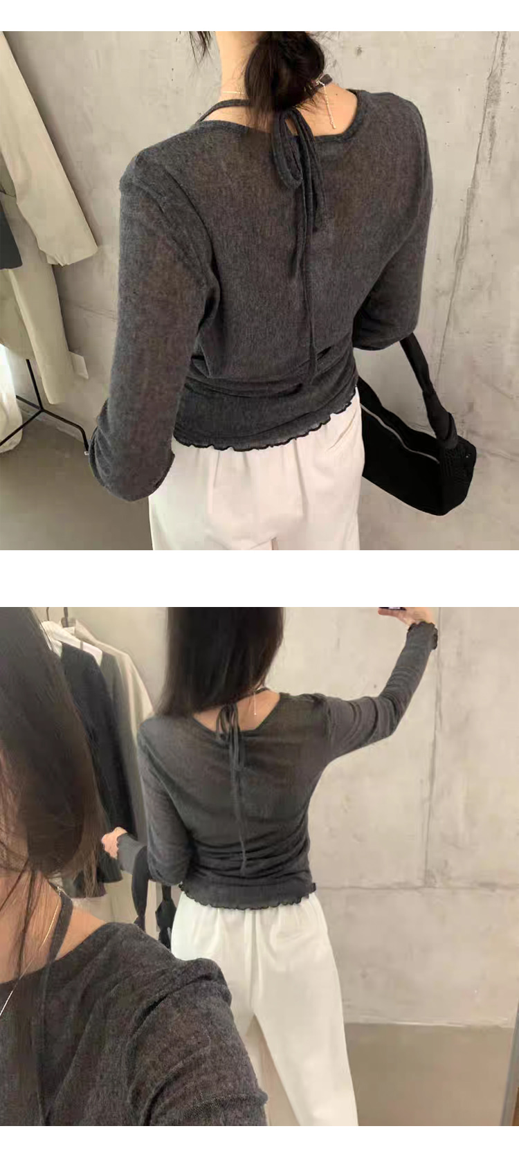 [ONN][NT672]스트링 홀터넥 나시 라운드 니트 세트 구성 꾸안꾸룩 러블리룩 아이보리 카키 먹색 신축성