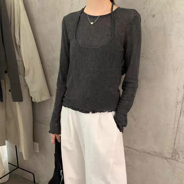 [ONN][NT672]스트링 홀터넥 나시 라운드 니트 세트 구성 꾸안꾸룩 러블리룩 아이보리 카키 먹색 신축성