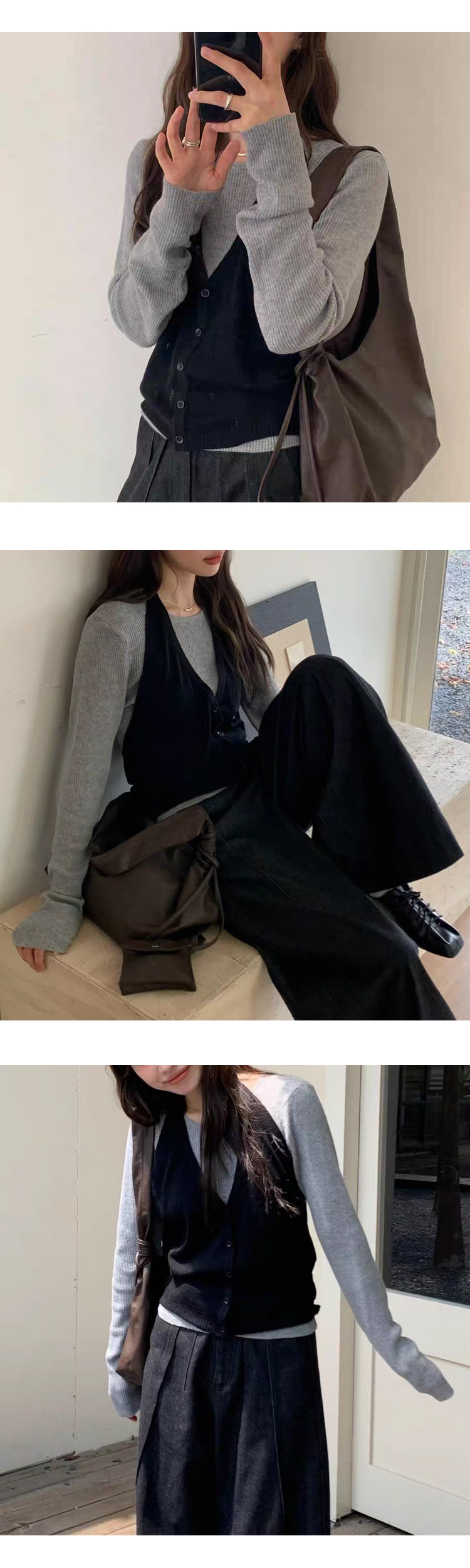 [ONN][NT668]홀터넥 조끼 골지 니트 세트 구성 꾸안꾸룩 러블리룩 그레이 블랙 브라운 니트티 베스트 셋트