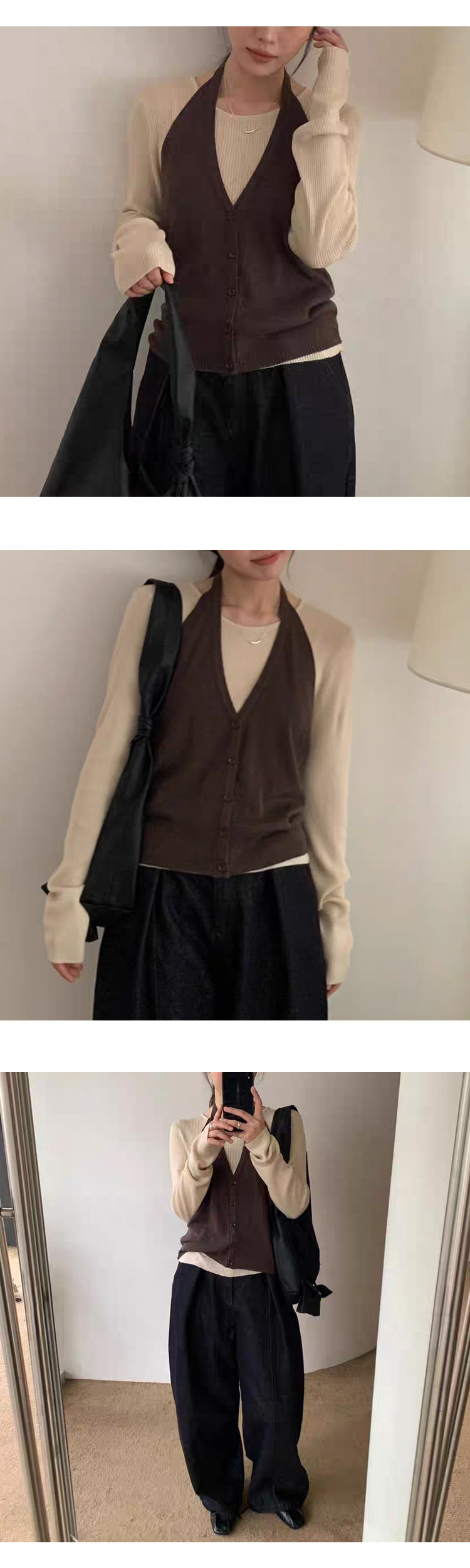 [ONN][NT668]홀터넥 조끼 골지 니트 세트 구성 꾸안꾸룩 러블리룩 그레이 블랙 브라운 니트티 베스트 셋트