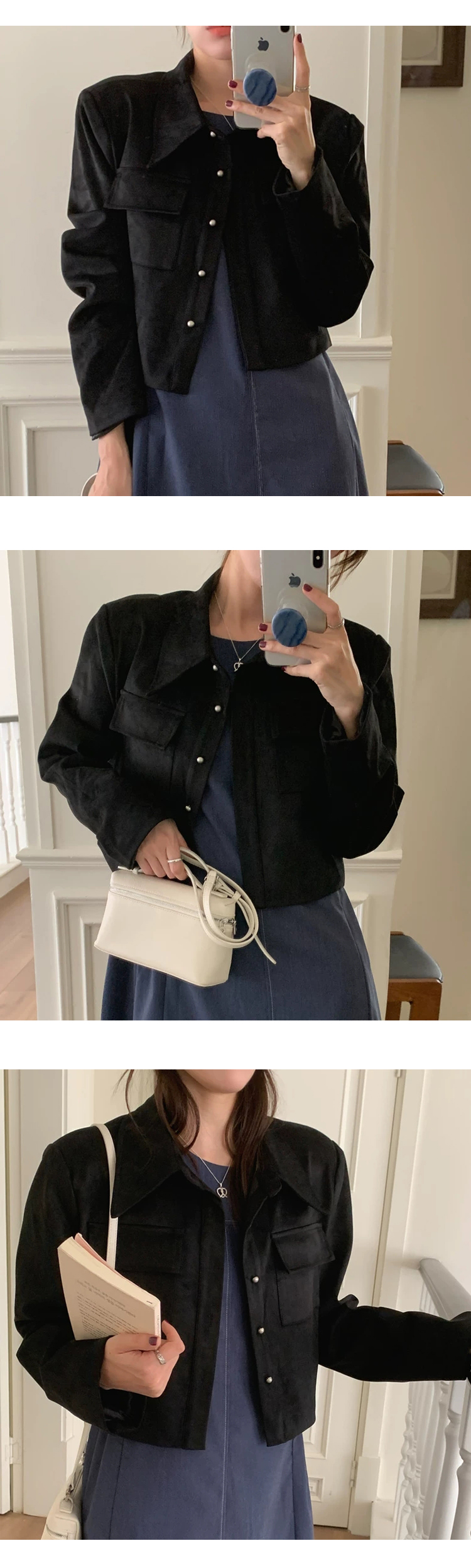 [ONN][JK334]스웨이드 크롭 자켓 베이지,블랙  카라넥 모던 프론트 버튼 오픈클로징 숏기장 롱다리 스웨이드 자켓