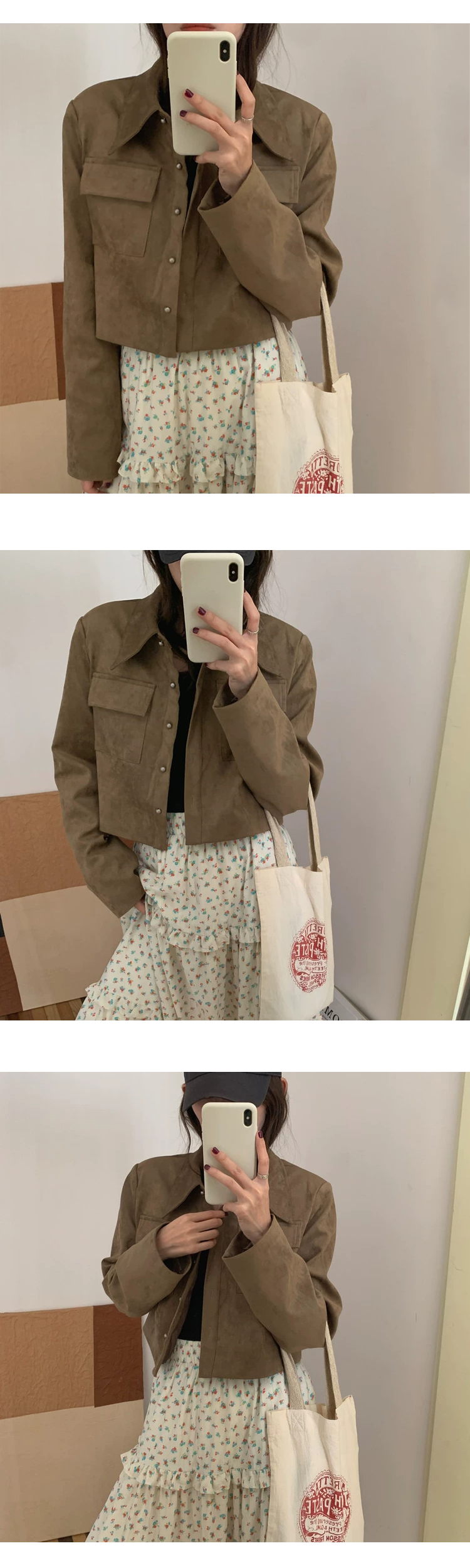 [ONN][JK334]스웨이드 크롭 자켓 베이지,블랙  카라넥 모던 프론트 버튼 오픈클로징 숏기장 롱다리 스웨이드 자켓