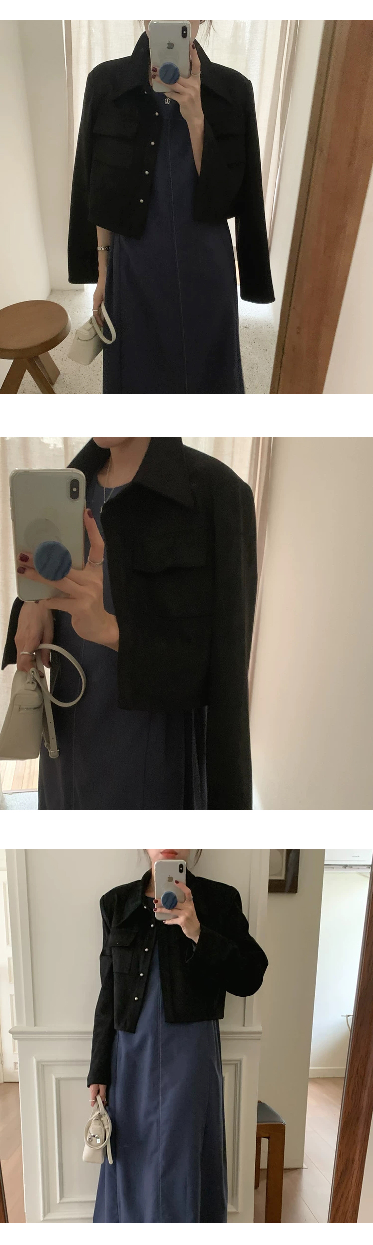 [ONN][JK334]스웨이드 크롭 자켓 베이지,블랙  카라넥 모던 프론트 버튼 오픈클로징 숏기장 롱다리 스웨이드 자켓