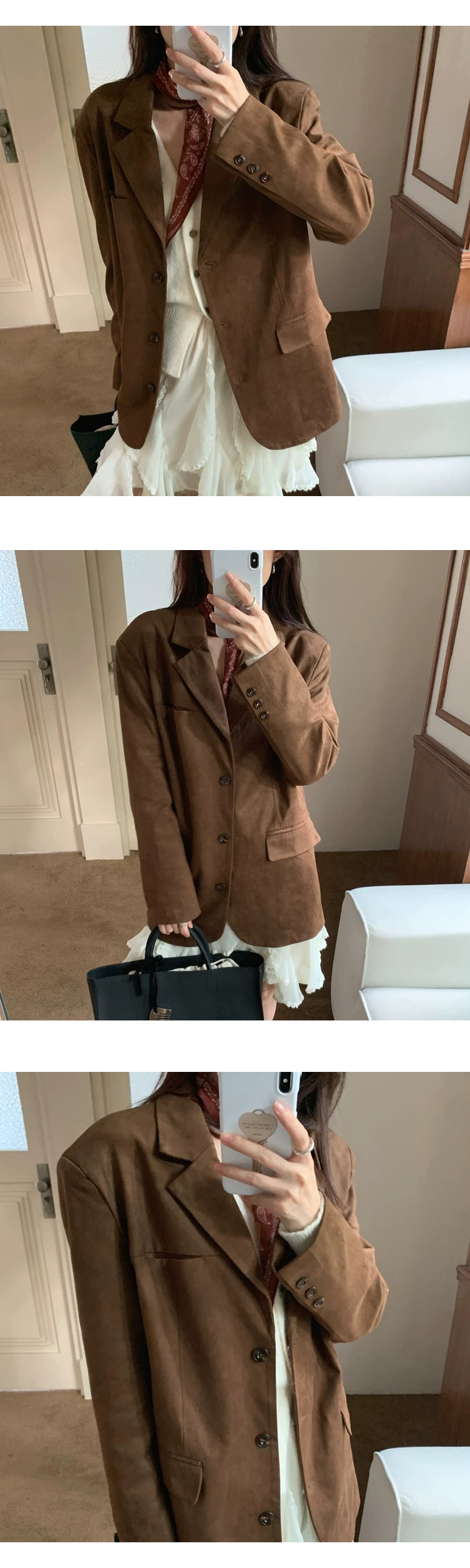 [ONN][JK339]테일러드 카라넥 스웨이드 오버핏 자켓 카멜,브라운 빅사이즈 프론트 버튼 체형커버