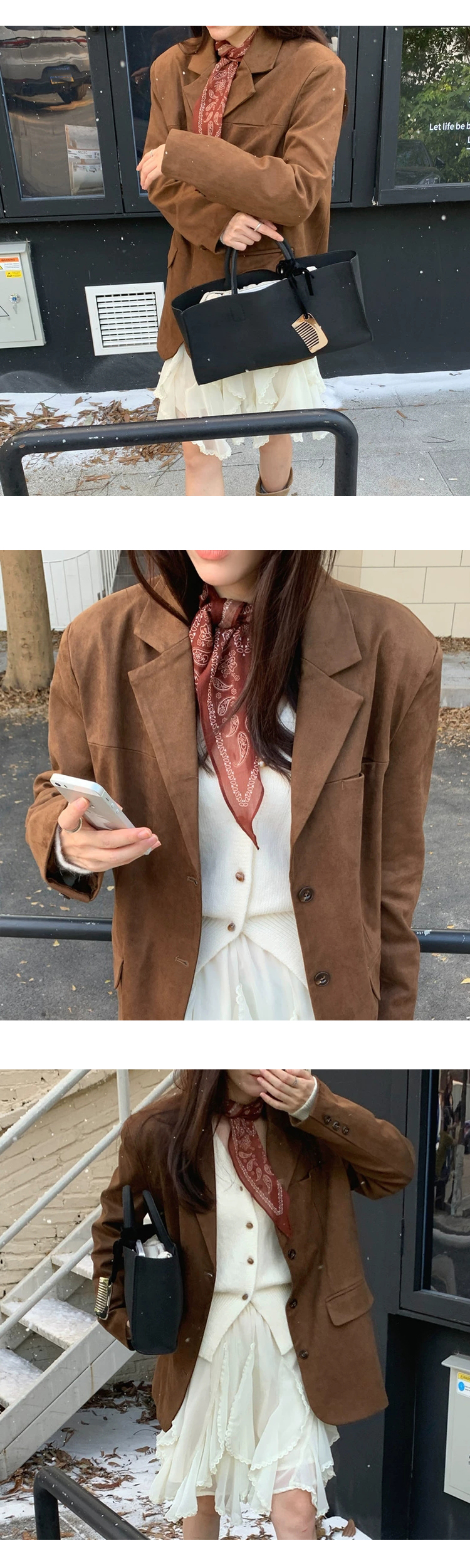 [ONN][JK339]테일러드 카라넥 스웨이드 오버핏 자켓 카멜,브라운 빅사이즈 프론트 버튼 체형커버